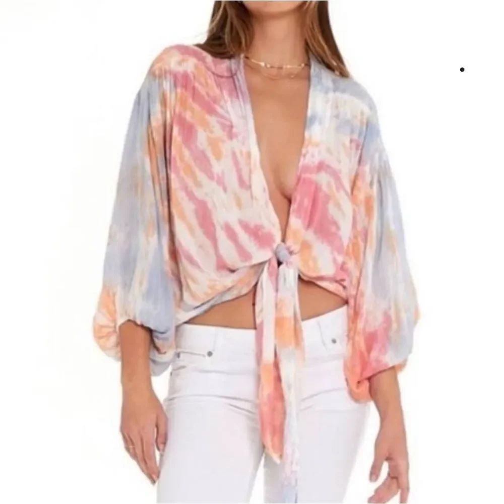 🔹️Young Fabulous & Broke Blue Tie Dye Rayon Tied Front Top Small